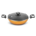 Preethi Dura Collection Non Stick Kadai, 24 cm, with Glass Lid, Gas & Induction Compatible, 5 Star Non Stick Effect, Turmeric Yellow