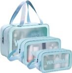 KUKLAR Wash Bag Pouch for Travel Kit Toiletry Bag Cosmetic Bag Make Up Box for Brushes,Accessories with Handle,Large Capacity Translucent Waterproof Travel Storage OrganizerSet of 3(Sky Blue)