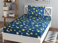 BSB HOME Premium Single Bedsheet with 1 Pillow Covers – 160 TC Supersoft Microfiber – Breathable & Wrinkle Free – 2 Pcs Set | Dark Blue and Yellow Leaf