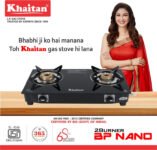 Khaitan 2 Burner BP Nano MS Black Glass Manual Gas Stove(2 Burners)
