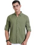 Thomas Scott Men Button Down Collar Casual Shirt(TS1676_Olive_XL)