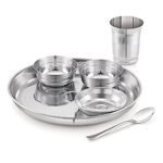 Attro Stainless Steel Silver Touch Finish Dinner Set of 1 Thali, 1 Plate, 2 Bowl, 1 Glass, 1 Spoon (Thali Diameter 12 inch) – Set of 6, Standard