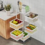 Kuber Industries Kitchen Storage Rack | 5-Tier Revolving Vegetable Rack | Square Multipurpose Storage Trolley with Wheels | Metal Fruit Rack | White
