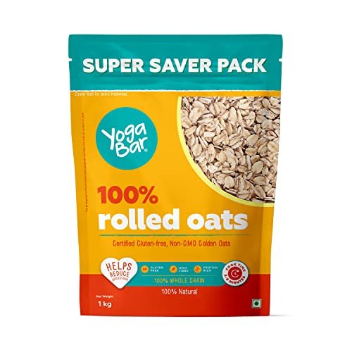 Yogabar 100% Rolled Oats 1 kg Pouch | Premium Golden Rolled Oats, Gluten Free Oats with High Fibre, Non GMO | Healthy Food with No Added Sugar | Diet Food for Weight Management – 1 kg