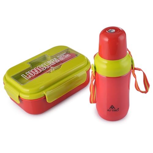 ATTRO Plastic Magic Combo Set 1 Lunch Box & 1 Water Bottle BPA Free Food Grade Perfect for School Kids – Red Green, 1200 milliliters