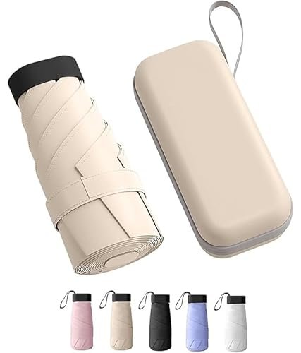 TEKCOOL Travel Mini Folding Compact Umbrella with Case, Manual Open 6 Ribs Lightweight Portable, Small Sun & Rain Pocket Umbrella for Girls and Women- Use in Rain & Summer(Beige)
