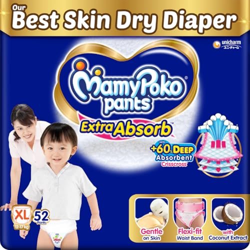 MamyPoko Pants Extra Absorb Baby Diapers, Extra Large (XL size) | 12-17 kg | 52 Count |Deep Sleep Diapers| Soft gentle fit |Deep Absorbent Crisscross | skin friendly with coconut oil |