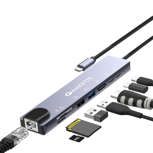 Amkette 8-in-1 Type C Hub/Docking Station with 100W Power Delivery&USB C Data Transfer Multiport Adapter with 4K HDMI,USB 3.0,100 MBPS Ethernet,SD/TF Card Reader,for All Type C Devices-MacBook,Laptops