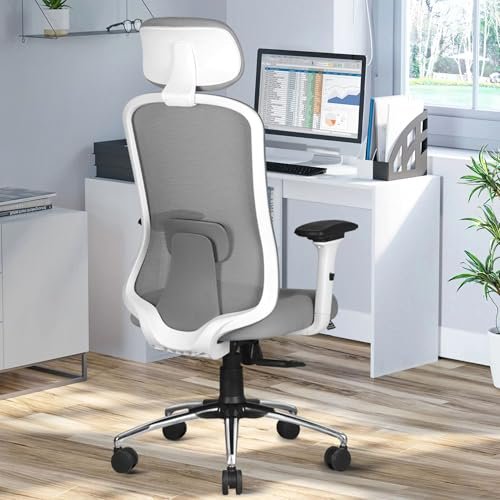 ASTRIDE Erizo Ergonomic Office Chair for Work | Smart 3 Position Multilock Mechanism | 4D Soft Armrest | Adjustable Headrest & Lumbar Support | 3 Years Warranty | Heavy Duty Metal Base [White-Grey]