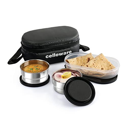 CELLO Double Treat Stainless Steel Lunch Box with Bag, Black | 2 x 300 ml Steel Containers, 1 x Oval Container | Food Grade, BPA Free, Rust & Leakproof, Airtight Snaplock Mini Tiffin Box for Office