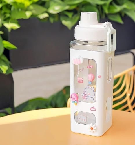 Shopsero Kawaii Bear Water Bottle with Straw & Stickers – 700ml Cute Square Plastic Drinking Bottle for Girls | Portable Juice/Tea/Sports Bottle (White)