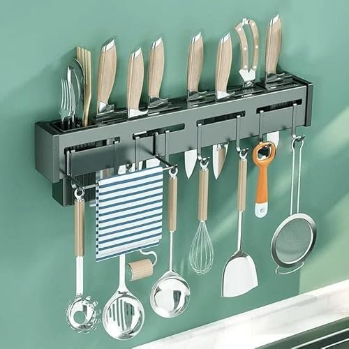 Shopsero Wall Mounted Kitchen Utensil Rack with Knife Holder, Spoon Stand, Towel Bar & Hanging Hooks – Multipurpose Storage Organizer