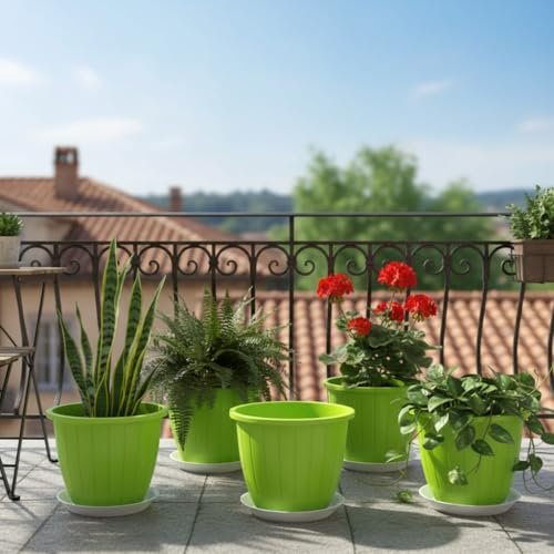 Go HookedPlastic Duro Flower Pot for Gardening, Indoor/Outdoor Planter-Green (8 Inch)(Pack of 5 with Tray)