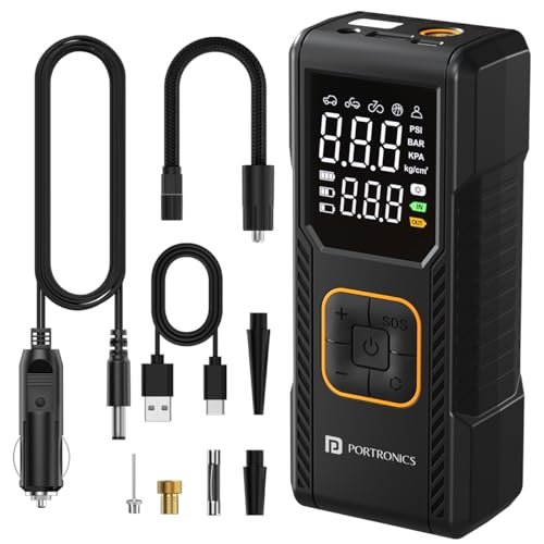 Portronics Vayu 9.0 Portable & Rechargeable Tyre Inflator with 2-in-1 Cordless & Corded Modes, 3×2000 mAh Battery, LED Display, Auto Shut-Off, Type-C Fast Charging,150 PSI for Car, Bike & Sports Balls