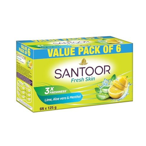 Santoor Fresh Skin Aloe Vera & Lime Bathing Soap with Nourishing & Anti-Aging Properties| For Smooth & Soft and Younger-Looking Skin| For All Skin Types| 125g, Pack of 6