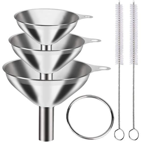 COINCE Stainless Steel Funnel Set (3 Pcs) with 2 Cleaning Brushes | Food-Grade Metal Funnels with 0.47″, 0.35″ & 0.24″ Nozzles | Mini Kitchen Funnels for Liquid, Oil, Spice & Powder Transfer