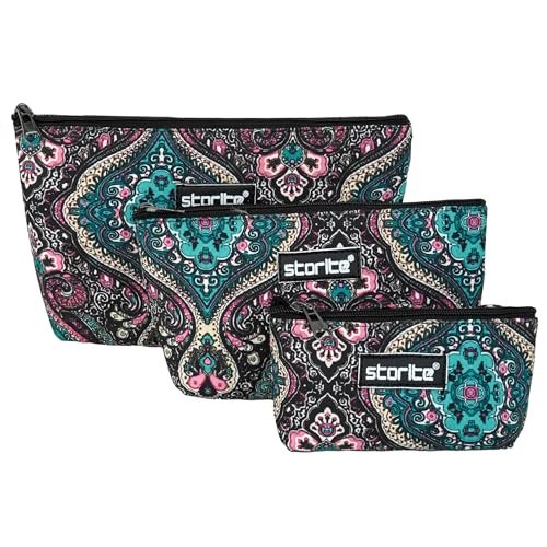 Storite Set of 3 Embroidery Printed Multipurpose Travel Pouch Pouch for Cosmetic Stuffs Women Makeup Organizer Bag Aesthetic and Trendy (Multicolor)