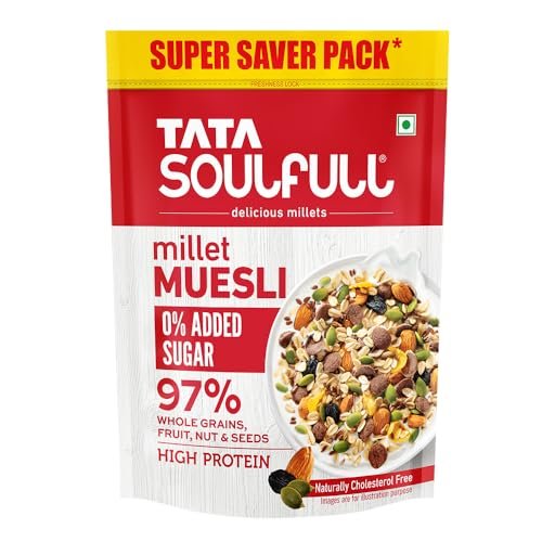 Tata Soulfull 0% Added Sugar Millet Muesli, 700 g, High Protein, Rich in Fibre, 97% Wholegrains, Fruit, Nut & Seeds, Contains Ragi Flakes, Contains Almonds, Flax Seeds, Chia Seeds, Pumpkin Seeds