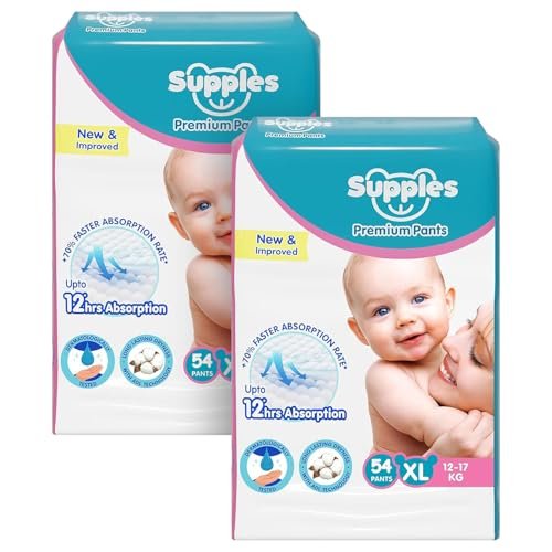 Amazon Brand – Supples Premium Baby Diaper Pants | 108 Baby Diapers | XL | 12-17 Kg | 12 Hrs Absorption | Cushiony Cotton Soft Fabric | Phthalates-Free | Triple Leak Guard | 54 Count, Pack of 2