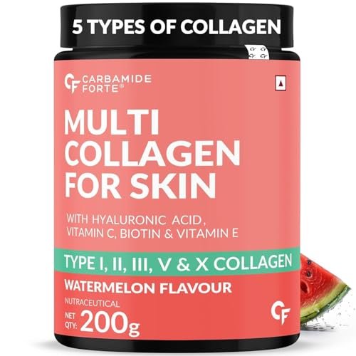 Carbamide Forte Multi Collagen Supplements | 5 Types of Marine Collagen Powder For Skin | Skin Supplements For Glowing Skin For Women – Watermelon Flavour – 200g.