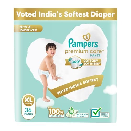 Pampers Premium Care Pant Style Baby Diapers | Extra-Large (XL size) | 36 Count | Voted India’s Softest | All-in-1 with 360 Cottony Softness Diapers | 12-17kg