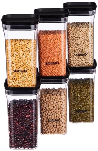 Amazon Brand – Solimo Plastic Storage Jar and Container Set I Air Tight & BPA Free Containers for Kitchen Storage Set I Grocery Kitchen Container Set I Multipurpose Jar, 1100 Ml Each, Set 6, Black