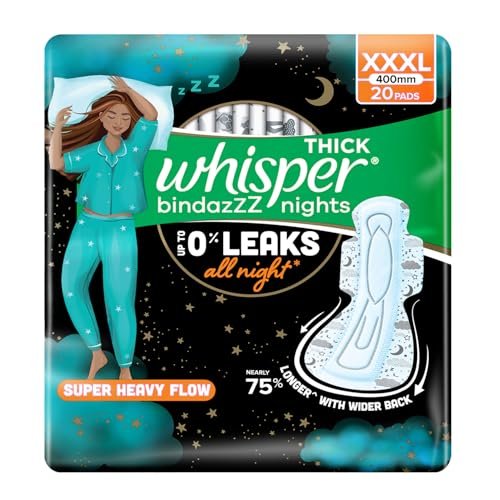 Whisper Bindazzz Nights 20 XXXL Sanitary Pads, Upto 0% Leaks All Night Long, For Super Heavy Flow, Nearly 75% Longer with Wider Back, Double hug wings keep pad in place , Disposable Wrapper