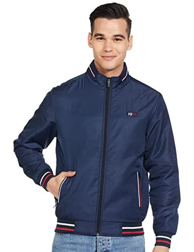 The Indian Garage Co Men Blue Slim Fit Solid Bomber Jacket