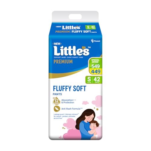 Little’s Premium Baby Diapers S Size (Small) Pants Style | 4-8 kg | 42 Count – Pack of 1 | FluffySoft Baby Diaper with Leakage Guard, Wetness Indicator & 12 Hours Absorption