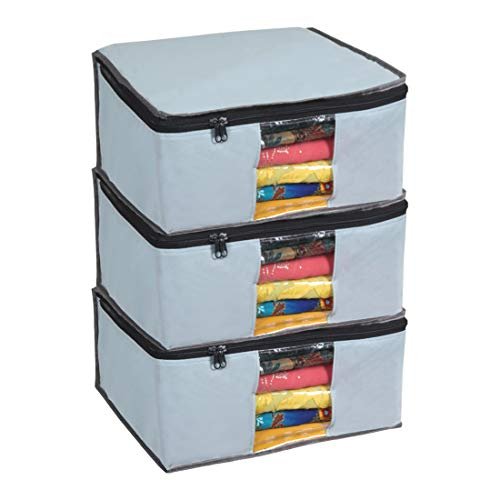 Prettykrafts Set of 3 Non Woven Foldable Saree Cover/Cloth Storage Bag/Wardrobe Organizer with Zip & Transparent Window For Lehenga, Shirts, Salwar Suits, Dress & Accessories (Grey, 40 x 35 x 19.5cm)