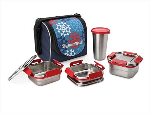 Signoraware Best Squarex Stainless Steel Lunch Box with 100% Steel lids and Blue Printed Bag, 225ml+350ml+500ml+ (370ml tumbler), Set of 4, Red
