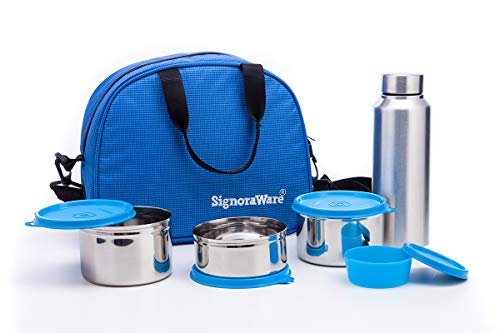 Signora Ware Sling Stainless Steel Lunch Box with Steel Bottle, Set of 5, (Blue), 750 ml
