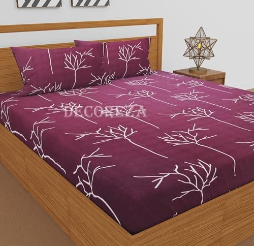 DECOREZA 350 TC King Size Elastic Fitted Bedsheet with Deep Pocket Cotton Feel Bed Sheet for Double Bed, Soft, Breathable & Wrinkle-Resistant, Includes 2 Pillow Covers, Size – 72″x78″ Maroon Tree