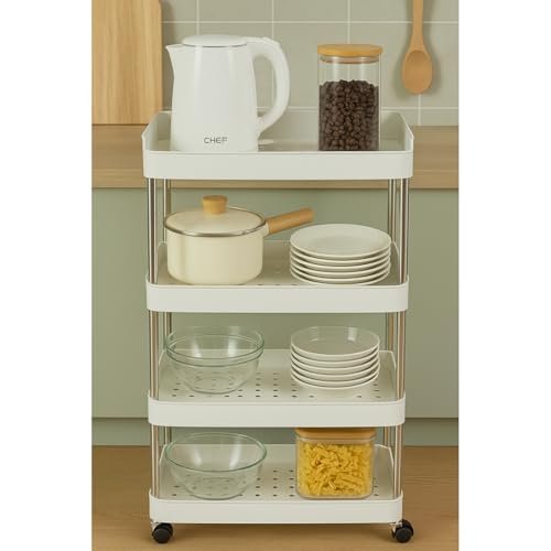 Cortina Heavy Duty Plastic Storage 4 TierShelves for Home Kitchen Garage Bathroom | Multipurpose Tiered Rack Organizer with Wheels | Strong Load-Bearing Modular Storage Unit | 46x18x119.5