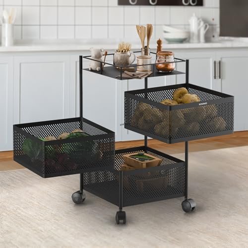 Amazon Brand – Solimo 360° Revolving Preassembled Portable 3 Layer Square Multipurpose Storage Kitchen Rack Carbon Steel Fruit Vegetable & Spice Trolley with Wheels for Kitchen Organizer(Matte, Black)