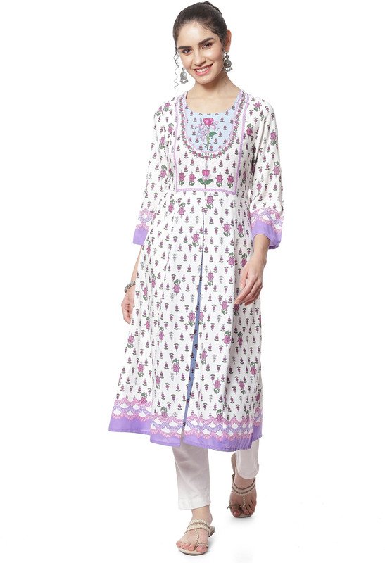 RANGRITI Women Printed Flared Kurta(White)