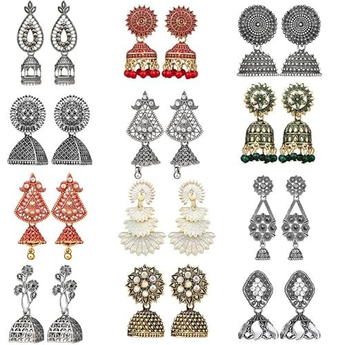 Fashion Frill Earrings For Women Floral Vintage Design Traditional Drop Jhumke For Women Girls Love Gifts 12 Pair of Earrings (Multicolour)