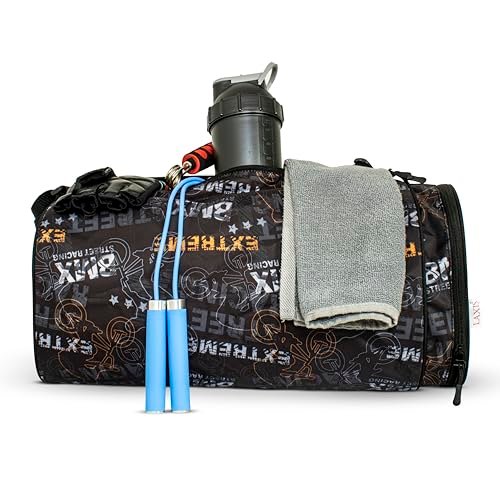 HOMFIL Brand – LAXIS Gym Bag for Men Women, Water Repellent Polyester Material Duffel Bag with Shoe Pocket, Durable Double Stitching & Support, Adjustable Strap, Zipper Closure (Black Orange Extreme)