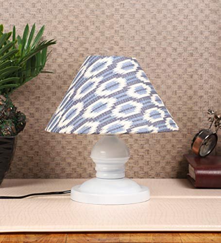 tu casa Table Lamps White Metal Base with Blue/White Cotton (Ikat Print) Shades for Home Décor, Bedrooms, Living Room, Gifting, Diwali Decoration, Dining Space, Study Room, Restaurants (H-10)