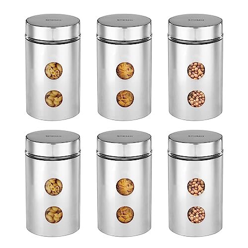 Amazon Brand – Solimo Drip Window Steel Jacketed Glass Jar | Multipurpose Kitchen Organizer with See-Through Window | 1200 ml | Set of 6 | Silver