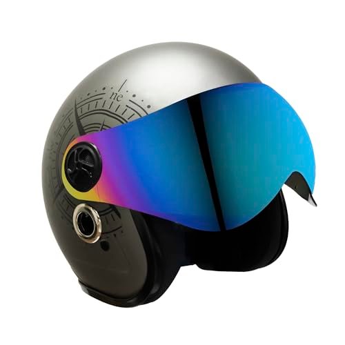Turtle Helmet Star with Visor Half Face with Scratch Resistive Rainbow Visor & Hard Shell ABS Plastic Helmet, Grey, Large Size, (L-60 cm)