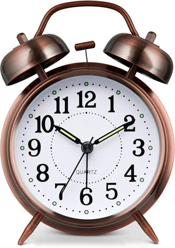 Kadio Loud Alarm Clock for Heavy Sleeper, 4 Inches Twin Bell Battery Operated Metal Alarm Clocks with Night Light for Bedrooms, Retro Analog Alarm Clock for Adults, Silent Non-Ticking (Red Brown)