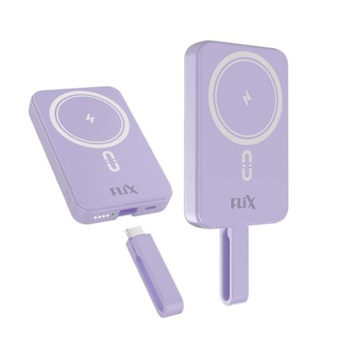 FLiX (Beetel) MagConnect Pro 10k 15W Magnetic Wireless Output,22.5W QC/PD/PPS Pocket Power Bank,Inbuilt Type C & Lightning Reversable cable Input/Output,LED Display,Perfect for iPhone 12,13,14(Purple)