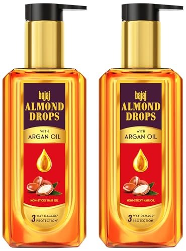 Bajaj Almond Drops Almond + Argan Hair Oil – 200Ml | Provides 3-Way Damage Protection | For Soft And Shiny Hair | Non-Sticky Formula | With Almond Oil & Argan Oil (Pack of 2)