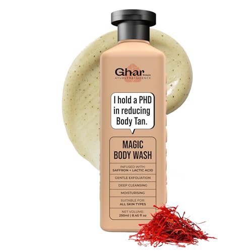 Ghar Soaps Magic De-Tan body wash for tan removal 250ml | Exfoliating Body Wash with Saffron, Lactic Acid & Niacinamide | Detan body wash | Removes Tan & Evens Skin Tone | Paraben & SLS Free