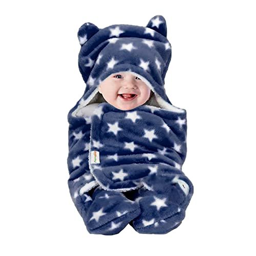 OYO BABY Ultra-Soft Baby Swaddle Wrap Blanket with Hood & Booties – Warm Fleece Sleeping Bag for Newborns (0–6 Months 72 * 68 cm) – Star Print, Dark Blue