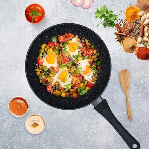 SOLARA Non Stick Frying Pan 24cm, Granite Omlette Egg Pan, Induction&Gas Fry Pan, Fish Pan, Frying pan Non Stick, PFOA Free, Dishwasher Safe Frying pan – Black