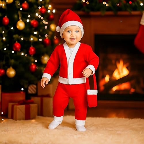 GRAPHENE Santa Claus Dress Merry Christmas Xmas Santa Costume Red & White Set For Children With Jacket Pant Cap Pouch Kids New Born Boy & Girls (Pack Of 1) (Size – 1, 6 month To 1 Year)