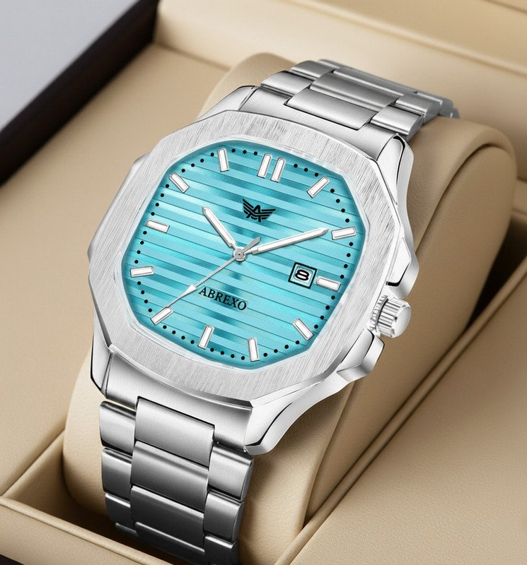 ABREXO Abx4568-Sky Blue Nautilus Date Working Square Blue Dial Silver Quartz Mechanism Watch For Boys Analog Watch  – For Men