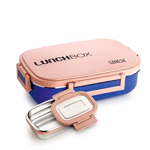 GANESH Stainless Steel Amaze Insulated Lunch Box with 4 Side Lock Lid, 900 ml and Inner Stainless Steel Container, 200 ml Easy to Carry – Pink